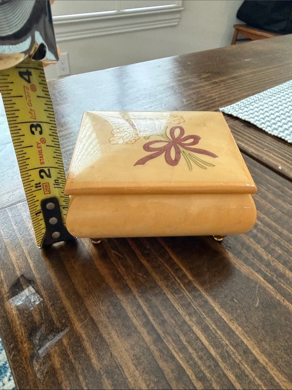 Splendid Cream Floral Keepsake Music Box with Yellow Blooms and Maroon Bow